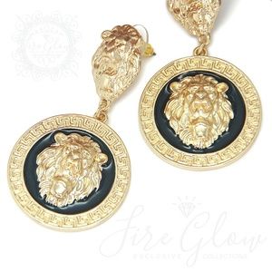 Black and Gold Tone Framed Lion Earrings